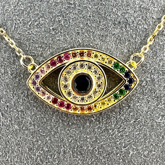 18K Gold Plated over 925 Sterling Silver Multicolor Evil Eye Pendant Necklace - Picture 2 of 7